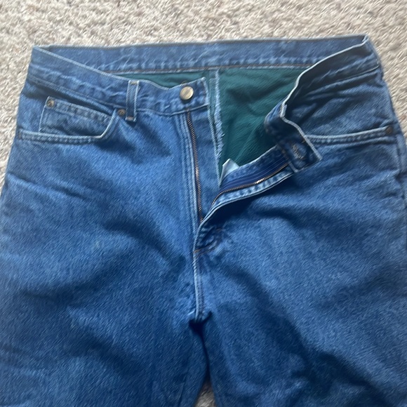 LL Bean Fleece Green Lined Insulated Blue Jeans Mens Size 35/29 EUC - Picture 3 of 9